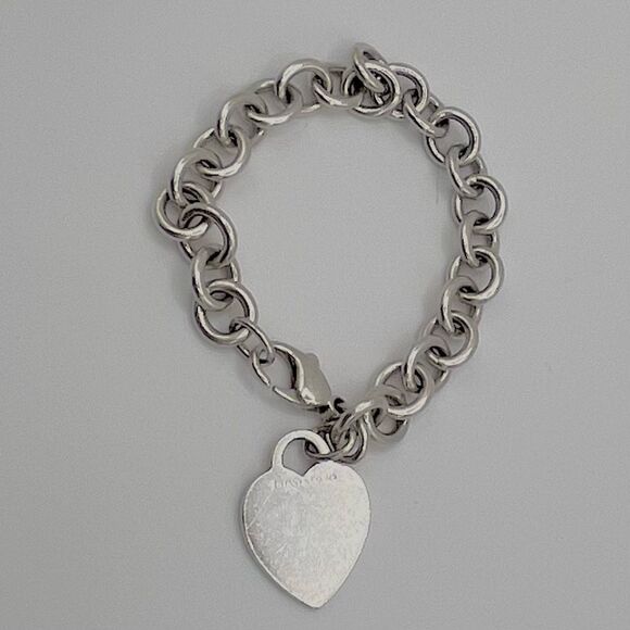 Tiffany & Co. Blank Heart Tag Charm Bracelet 8" Sterling Silver Round Link - Picture 13 of 14